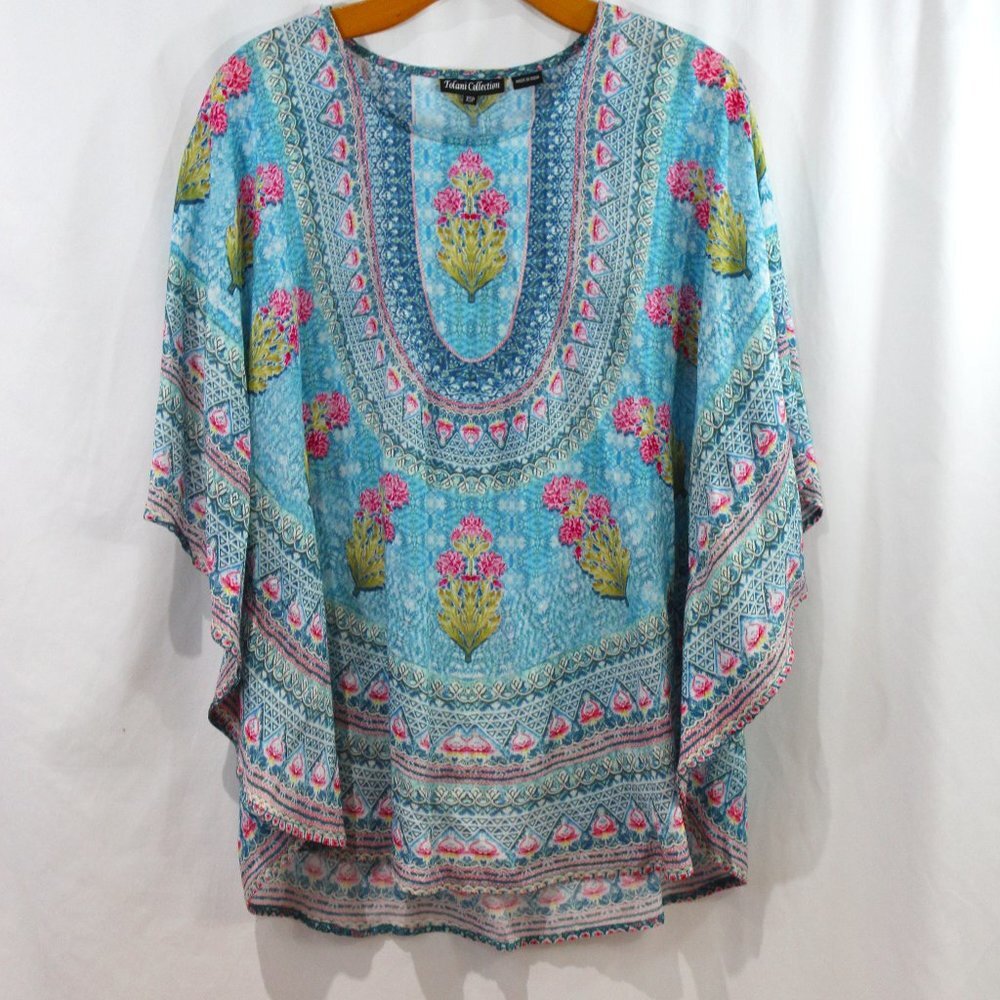 Tolani Collection Narissa Blue Printed Caftan Tunic Blouse NWT